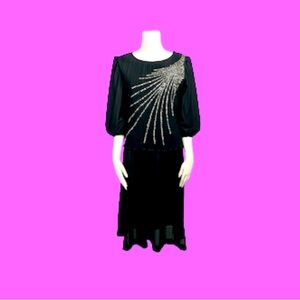 NWT Size 9/10 Vintage Good Times Black Dress Large Silver Spray 3/4 Sleeve Party